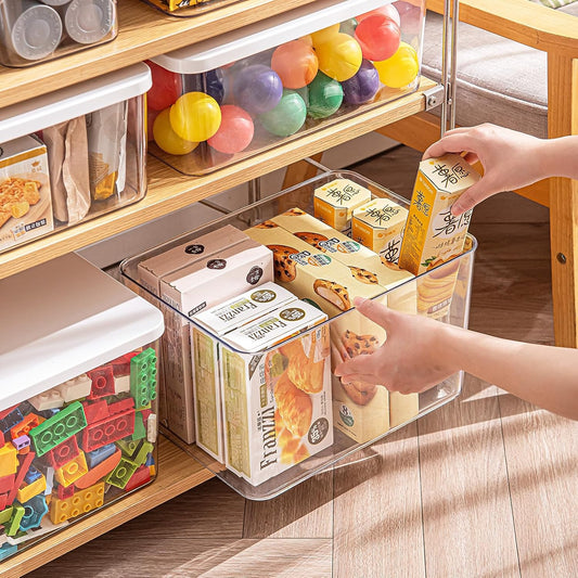 Clear plastic storage bins with LIDS-4packs,storage containers for snacks, cosmetics, books, dog food, Storage Organizer for Nursery,Kitchen, Living room,Bedroom, Bathroom, Office (Clear-White Lid)
