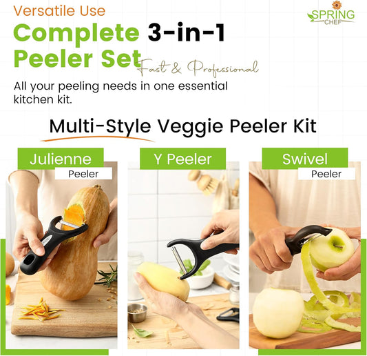 Spring Chef Stainless Steel Swivel, Y & Julienne Vegetable Peelers for Kitchen, Potato Peelers with Soft Grip Handles, Kitchen Utensils Set of 3 for Fruits, Veggies, Apple, Carrot, Cucumber - Black