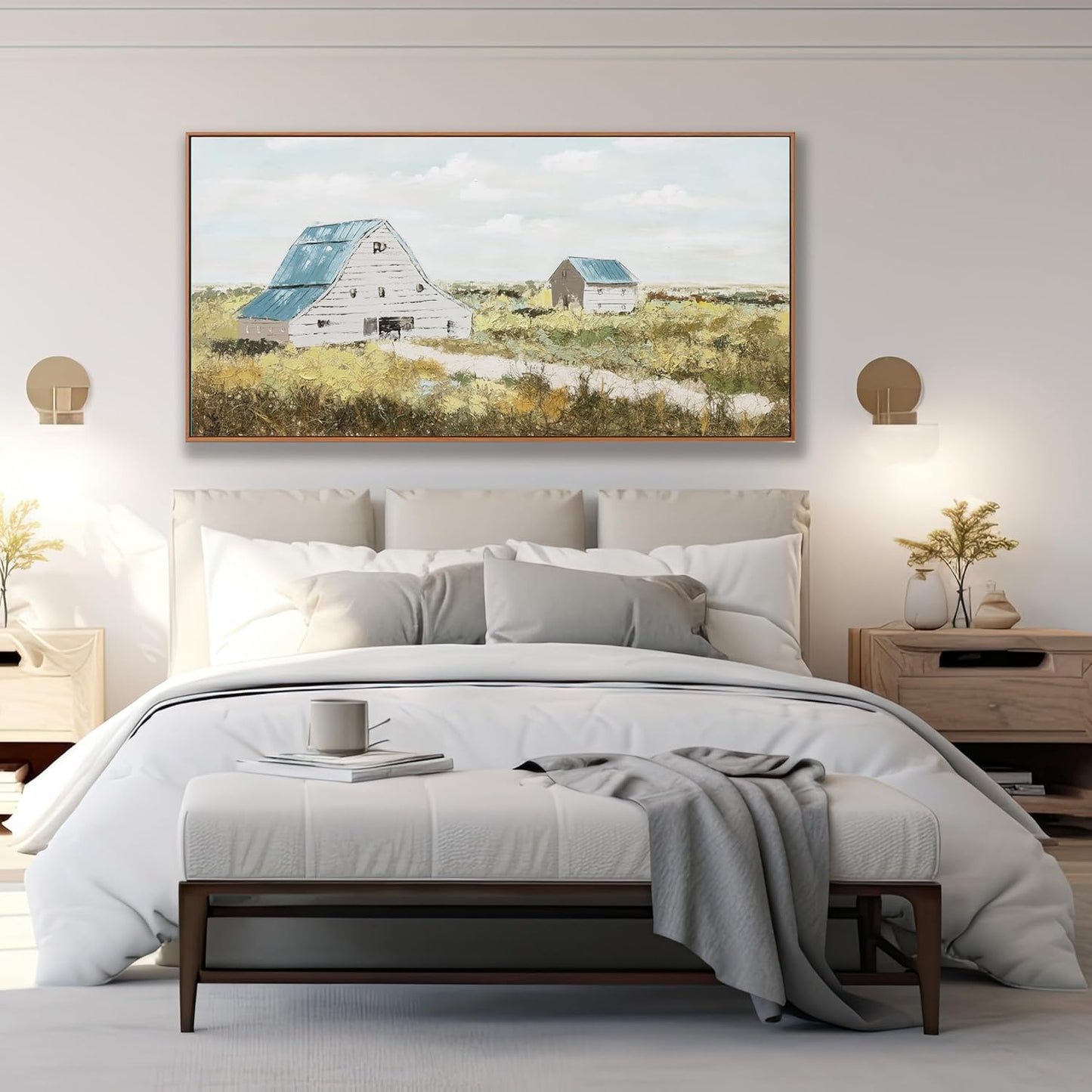 Green and White Canvas Wall Art Decor Home Decor Art Prints Natural Landscape Modern Framed Wall Decorations Artwork Field Cabin for Living Room Wall Bedroom Office Decor 24"×48"