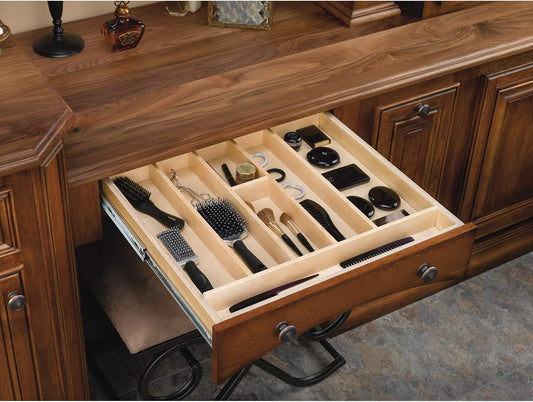 Rev-A-Shelf Trim-to-Fit Shallow Drawer Organizer for Kitchen Utensils, Cutlery Cabinet Storage Divider Insert, 23.98 x 21.97 in, Maple Wood, 4WUT-3SH