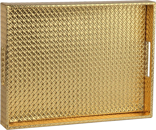HofferRuffer Rectangle Serving Tray with Hole Handles for Coffee Table, Breakfast, Tea, Food, Butler - Countertop, Kitchen, Vanity Serve Tray, 16.2 x 12.2 x 2 inches, Faux Leather (Gold)