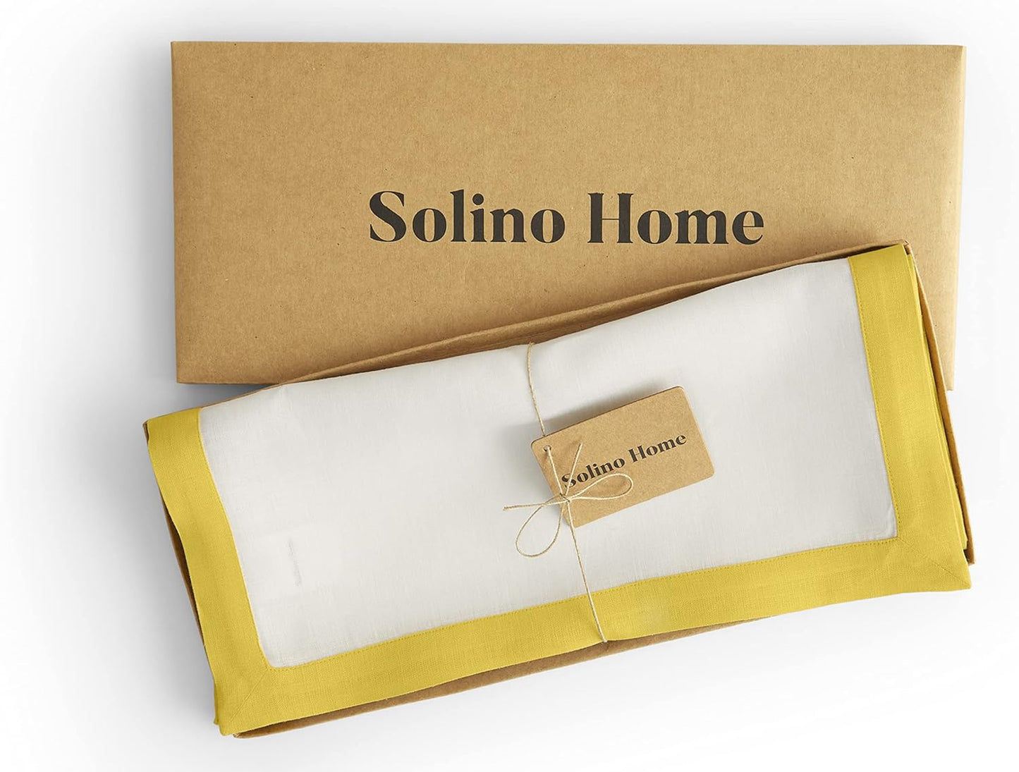 Solino Home Linen Table Runner 108 Inches Long - 100% Pure Linen Sunshine Yellow and White Dining Table Runner 14 x 108 Inch - Classic