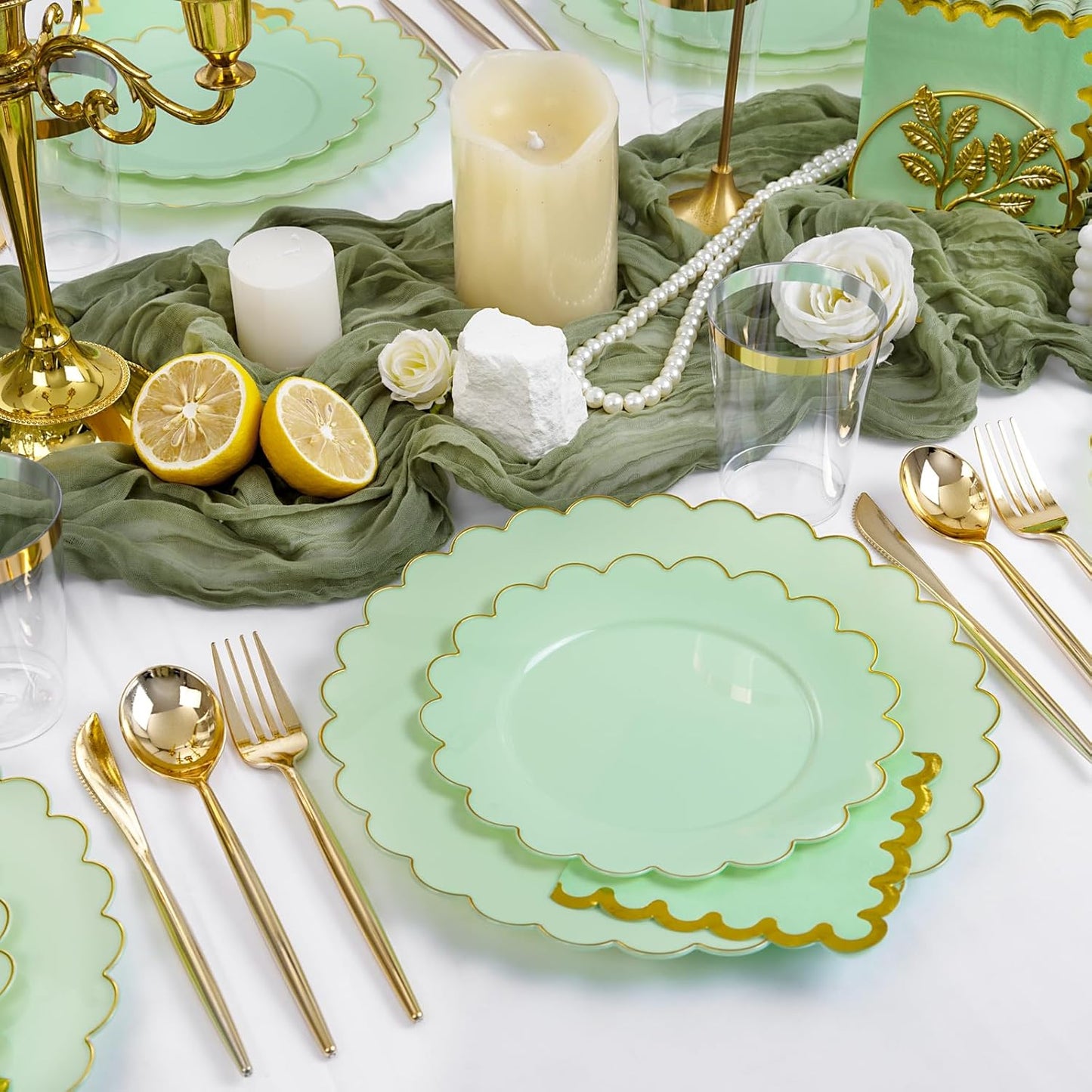 LIYH 210 Pcs Sage Green Plastic Disposable Scalloped Party Plates - Green Plates and Napkins Include Baby Shower Plate Gold Plastic Silverware for Weddings Birthday 30 Guests