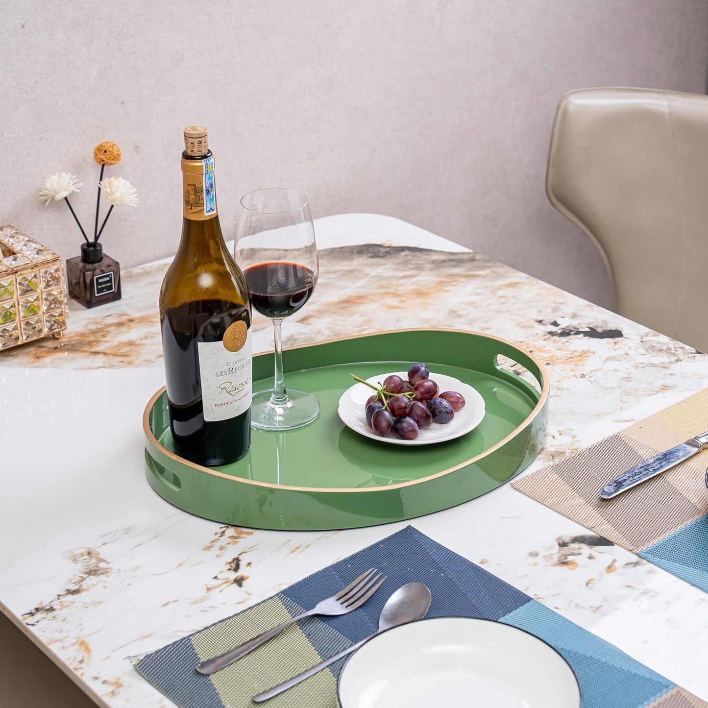 PEMAR 15.7" x 11.8" Oval Lacquer Serving Tray, Handmade Polished Coffee Table Tray w Insert Handles, Luxury Decorative Platters for Dining, Party, Dinner, Breakfast in Bed (Green)