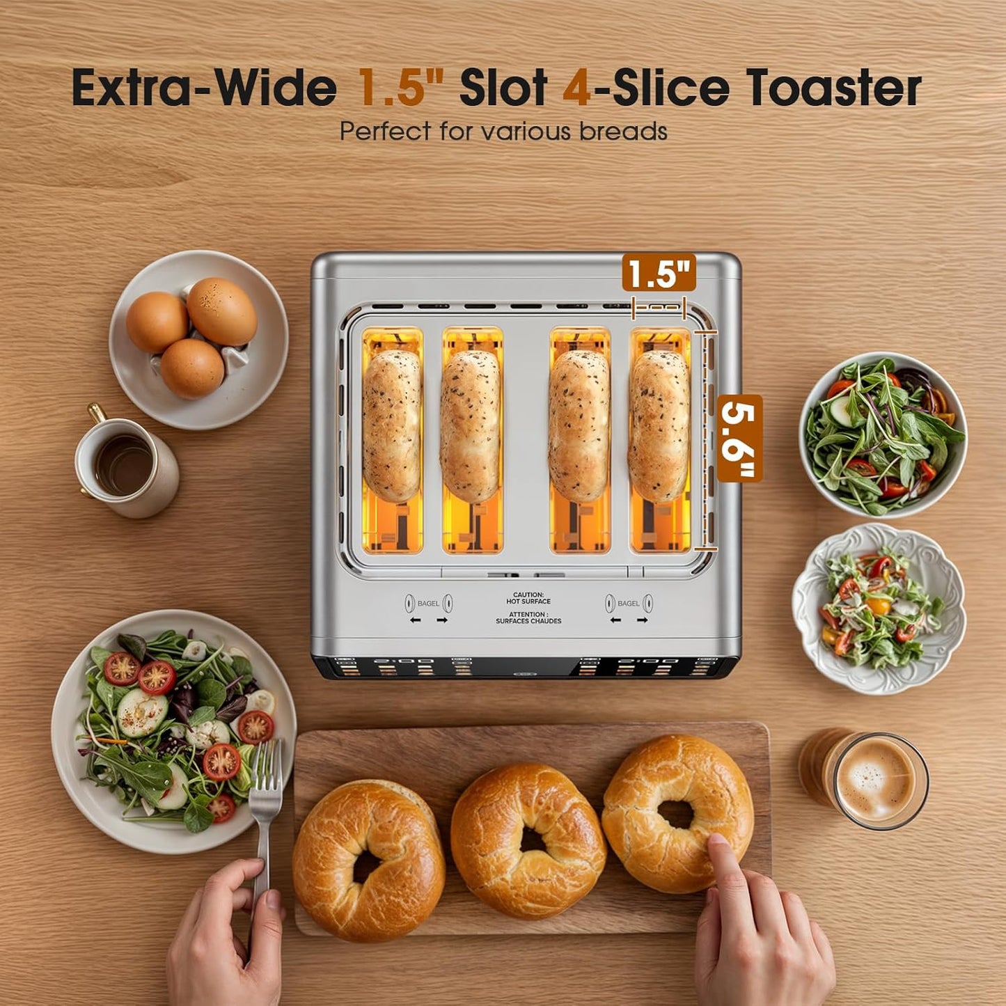 Digital Smart Toaster 4 Slice, Dual Touchscreen with Independent Control | Wide Slot for Bagel, Bread and More | 1800W, 6 Browning Levels, Defrost, Reheat, Single-Slice Function | Stainless Steel