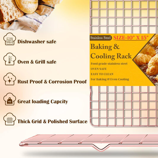 2-Pack Cooling Racks for Cooking and Baking - 10" x 15"Heavy Duty Stainless Steel Wire Rack for Baking, Grilling, Roasting - Oven & Dishwasher Safe - Fits Jelly Roll Sheet Pan(Rose Gold)