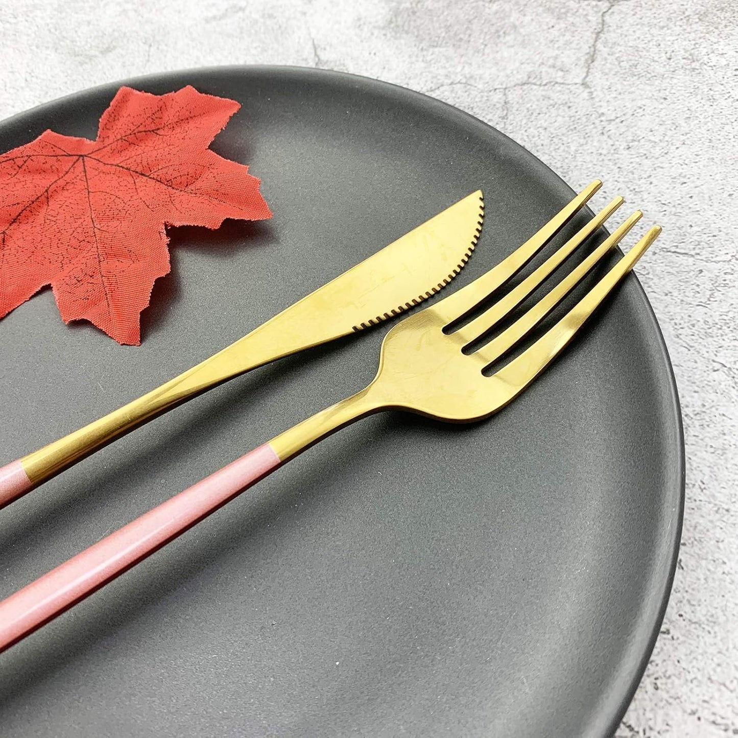 JASHII 18/10 Silver Silverware Set Stainless Steel Flatware Utensils Set Gold Cutlery Set| 24-Piece Modern Cubiertos Dorados| BEST Birthday Wedding Gift (4 Sets, Pink Handle Gold Mirror Polish)