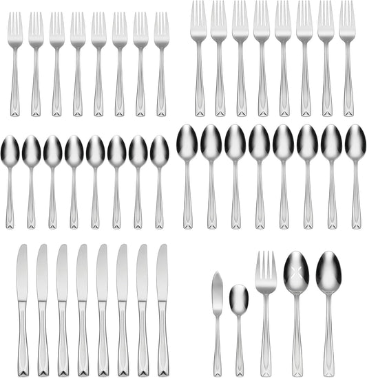 Oneida Satin Lincoln 45 Piece Everyday Flatware Set, Service for 8, 18/0 Stainless Steel, Silverware Set, Dishwasher Safe