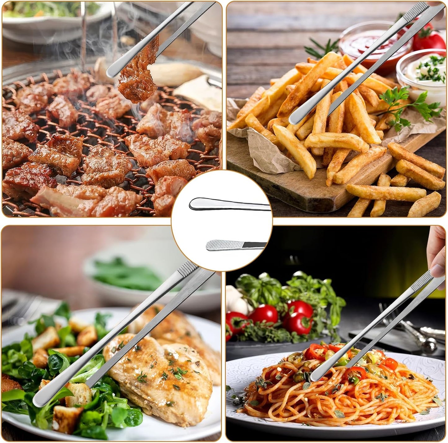 GEEKHOM 2 Pcs 12" Stainless Steel Tweezer Tongs, Silver Kitchen Utensils for Multi-Purpose Cooking, Frying, Garnish, Air Fryer & Camping