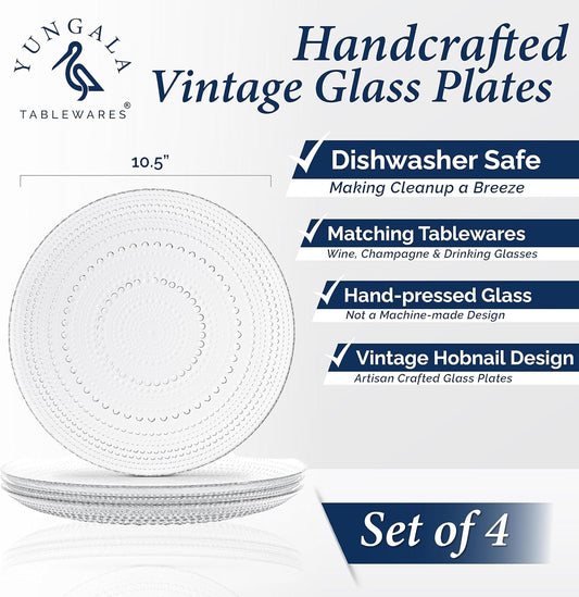 Yungala Set of 4 Vintage Glass Dinner Plates – 10.5" Clear Hobnail Glass Plates, Elegant Dinnerware for Upscale Dining