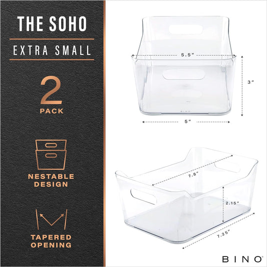 BINO | The SOHO Collection Plastic Storage Bins, X-Small - 2 Pack, Clear | Pantry and Fridge Organizer Containers, Kitchen Cabinet and Medicine Cabinet Bins