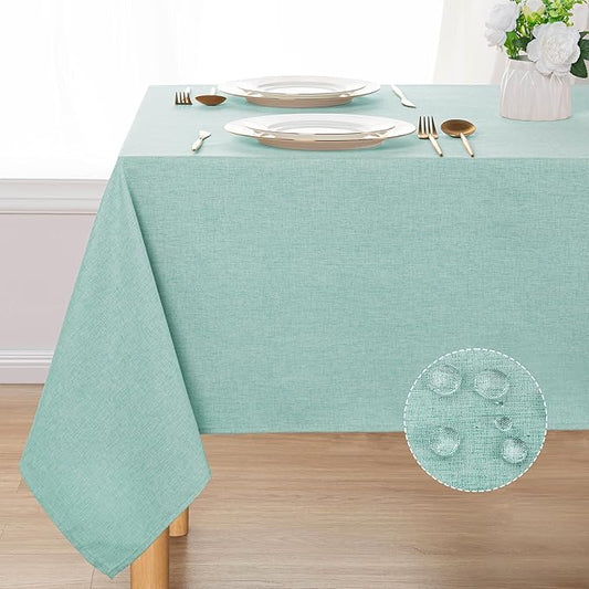 DWCN Rectangle Faux Linen Tablecloth - Textured Waterproof Spill-Proof Wrinkle and Stain Resistant Table Cloth Decorative Fabric Farmhouse Table Cover for Kitchen Dining Party, 60 x 84 Inch, Aqua
