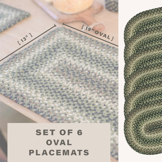 Pinecone Jute Braided Oval Placemats, Warm Country Rustic Decor, Set of 6, 13x19 Green Table Mats - Vibrant Colors, Durable, Easy to Clean and Protects Furniture