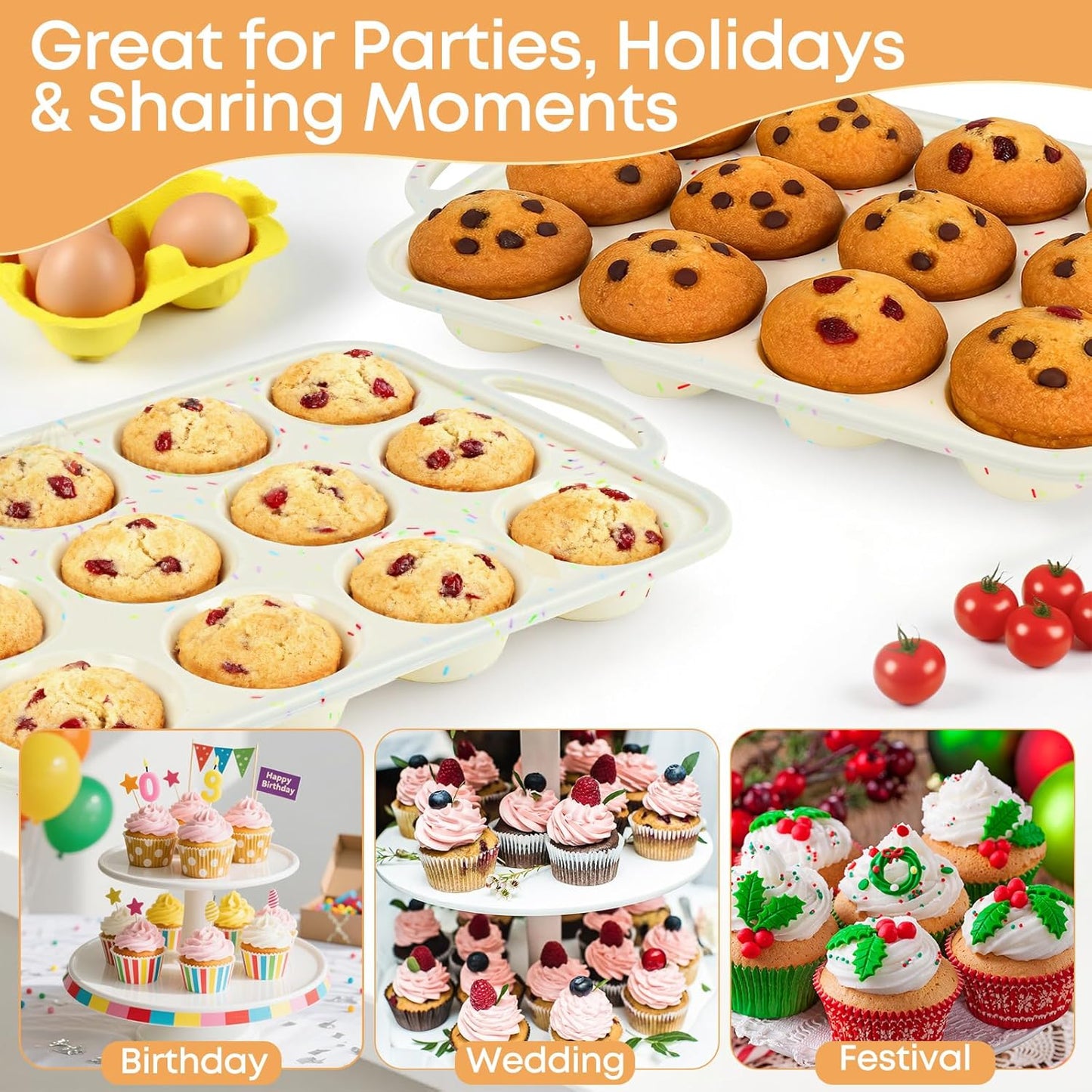 12-Cup Silicone Cupcake Pan, Nonstick Muffin Pan, Dishwasher Safe Muffin Tray with Handles, Food Grade Silicone Muffin Tin for Baking Egg Bites & Cupcakes