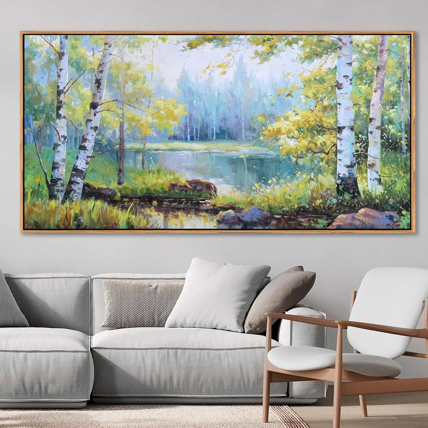 YCPRIMER Forest Wall Art - Birch Tree Canvas Wall Decor Green Trees Picture for Living Room Lake Forest Landscape Painting Home Bedroom Decoration Green and White Framed Artwork Decor 24×48IN