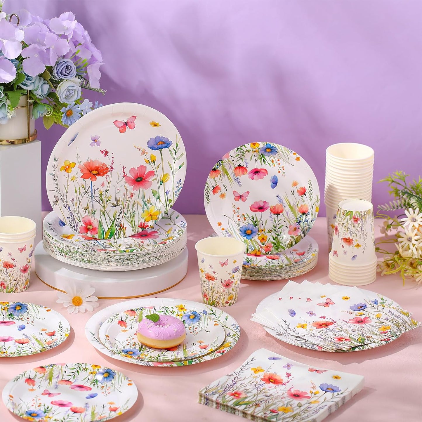 250 Pcs Wildflower Party Decorations Include Spring Summer Floral Paper Plates Napkins and Cups for Wildflower Baby Shower Tea Decorations, Serve 50 Guest(Colored,Vivid Style)