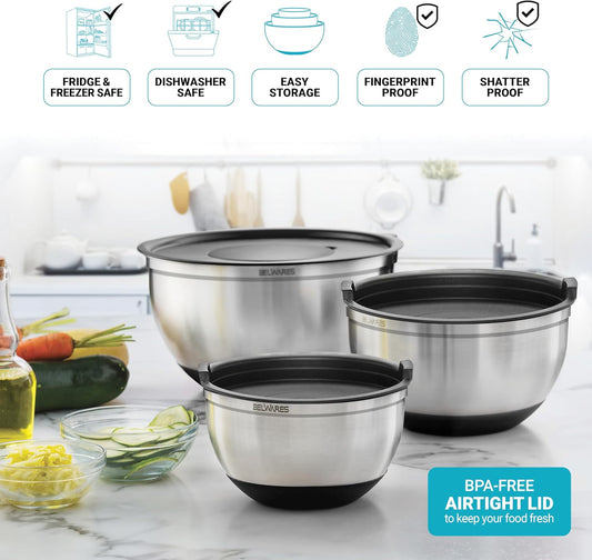 Belwares Mixing Bowls with Lids Set - Nesting Bowls with Graters, Handle, Pour Spout, Airtight Lids - Stainless Steel Non-Slip Mixing Bowl for Cooking, Baking, Prepping, Food Storage (Set of 3)