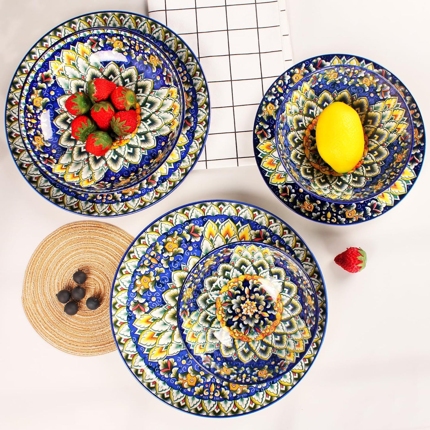 Mandala Dinnerware Sets, Plates and Bowls Set, Porcelain Dishes (16 Pieces) Service for 4, Zanzibar, Bohemian Style Dining Ware, for Kitchen and Dining Multicolor Dinnerware Set, Blue