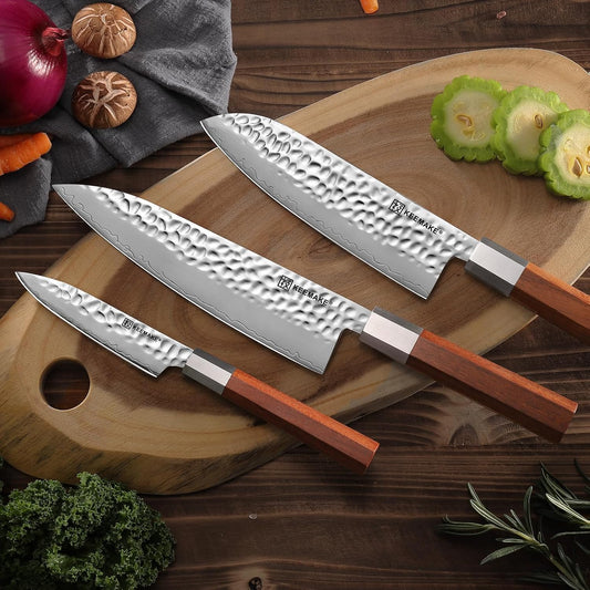 KEEMAKE Kitchen Knife Set 3-pcs - Chef Knife Set with 3-layer Japanese 9CR18MOV Clad Steel Blade, Sharp Knives Set for Kitchen with Octagon Rosewood Handle Kitchen Knives