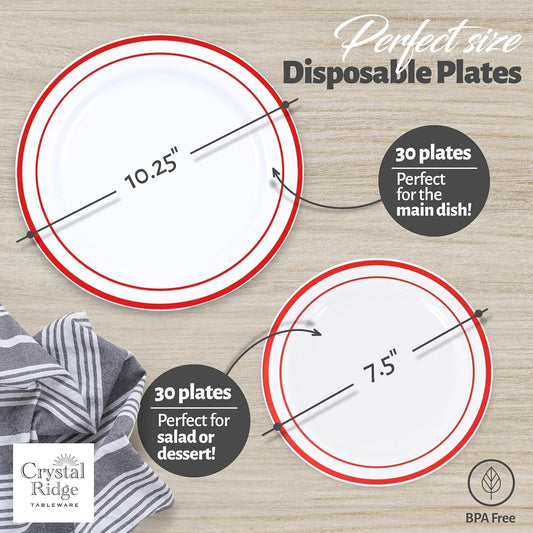 120-Piece Plastic Plates Set Premium 60 Dinner & 60 Salad Plates Pack, Disposable Plates for Party - White Plastic with Red Rim