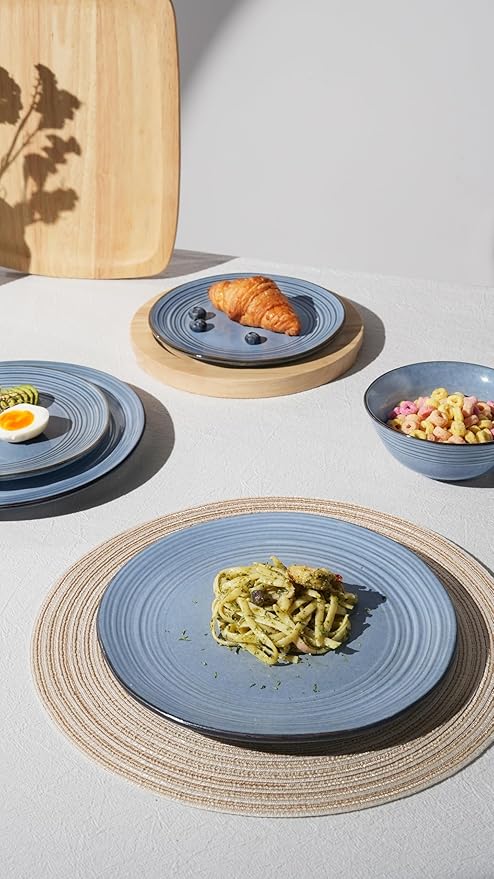 Famiware Plates and Bowls Sets 24-Piece Stoneware Dinnerware Sets, Dishes Set for 8, Hand-made Reactive Glaze Dish Set, Twilight Series, Blue