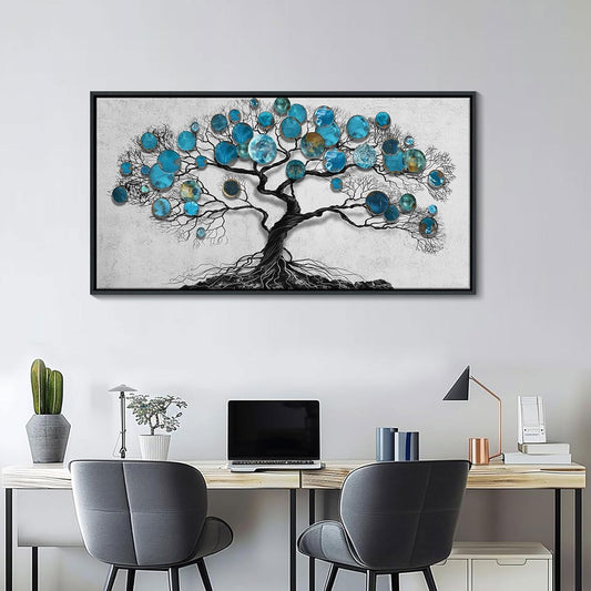 CHATYOUNG Living Room Wall Art - Tenacious Tree of Life Teal Blue Leaves Theme Large Paintings Canvas Framed Wall Picture for Office Bedroom Kitchen Office Home Decor 40"x20"