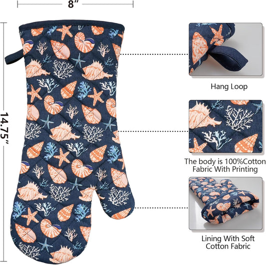 Oven Mitts Cotton Fashion Cute Cowry Design 1pair Heat Resistant Oven Gloves Safe Cooking Baking Grilling Barbecue Machine Washable Pot Holders (Cowry)