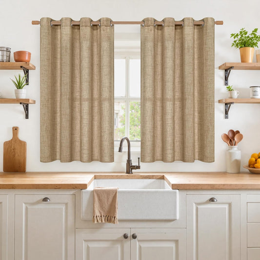YoungsTex Burlap Linen Curtains 45 Inch Length for Kitchen Window, Short Semi Sheer Drapes with Bronze Grommet Light Filtering for Bedroom Bathroom Cafe, Toffee, 2 Panels, 52 X 45 Inch