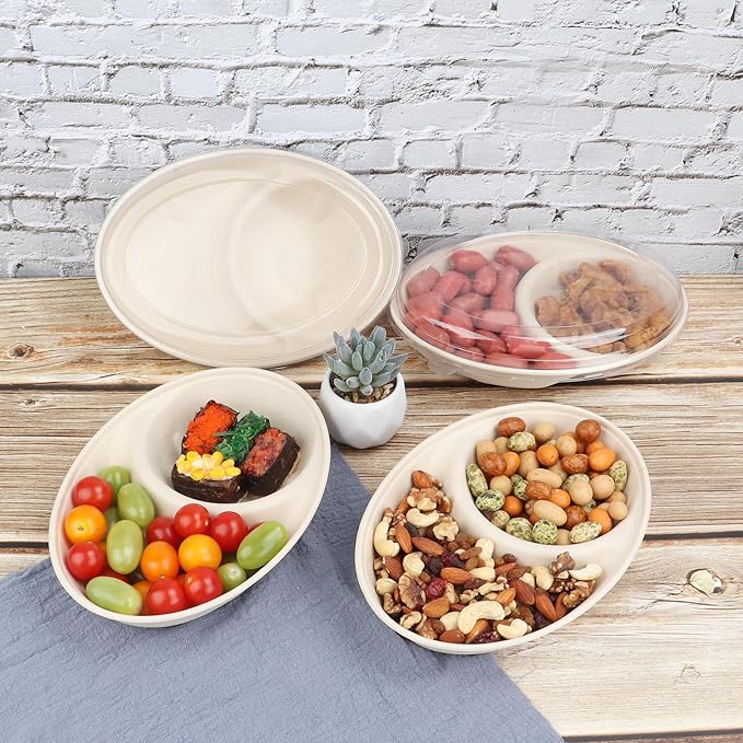 24 oz Oval Disposable bowls with lids,Sugarcane Salad Bowls 2 compartments take away food containers Plant Fibers 50 Pack