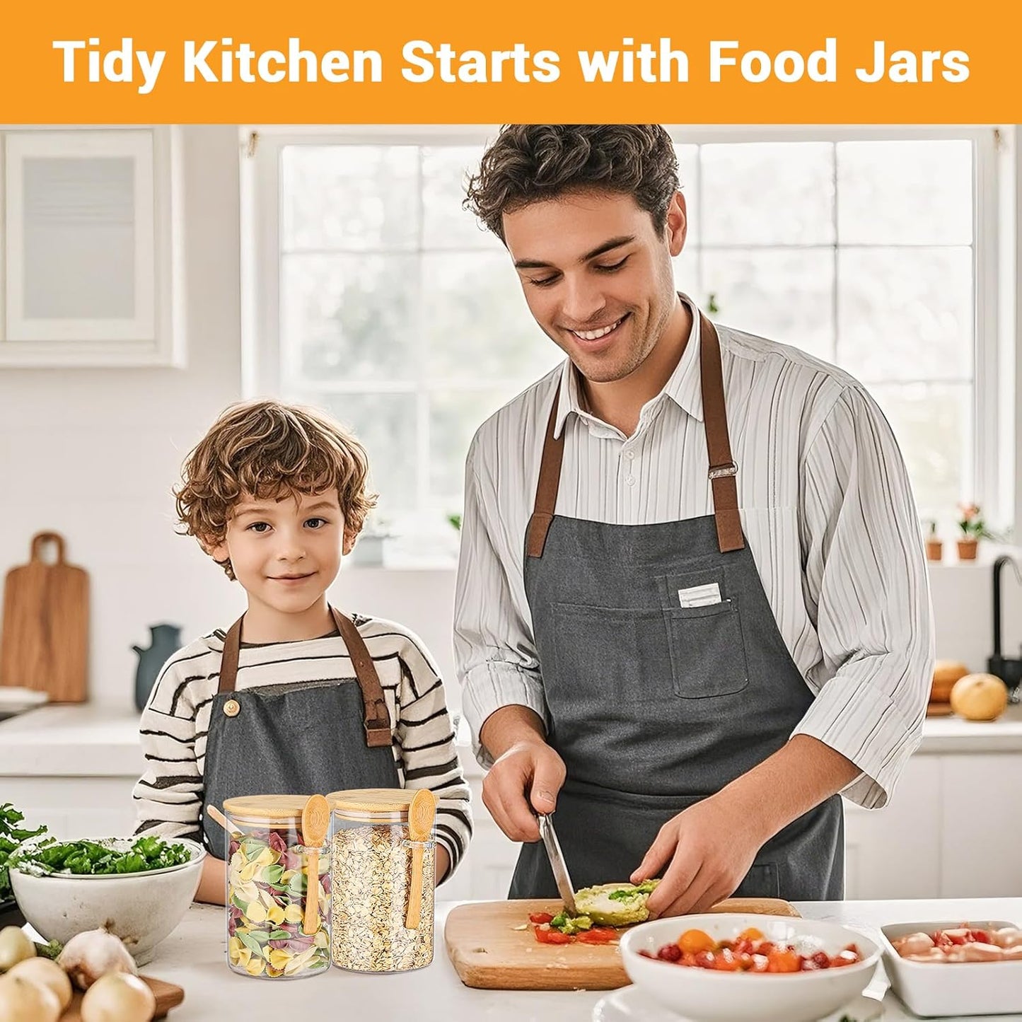 Glass Containers with Bamboo Lids and Spoon - 4 Pack 32 Fl.oz Round Glass Storage Jars Set, Includes Labels and Marker, Kitchen Pantry Container for Loose Leaf Tea, Sugar, Coffee, Cookie, Oats