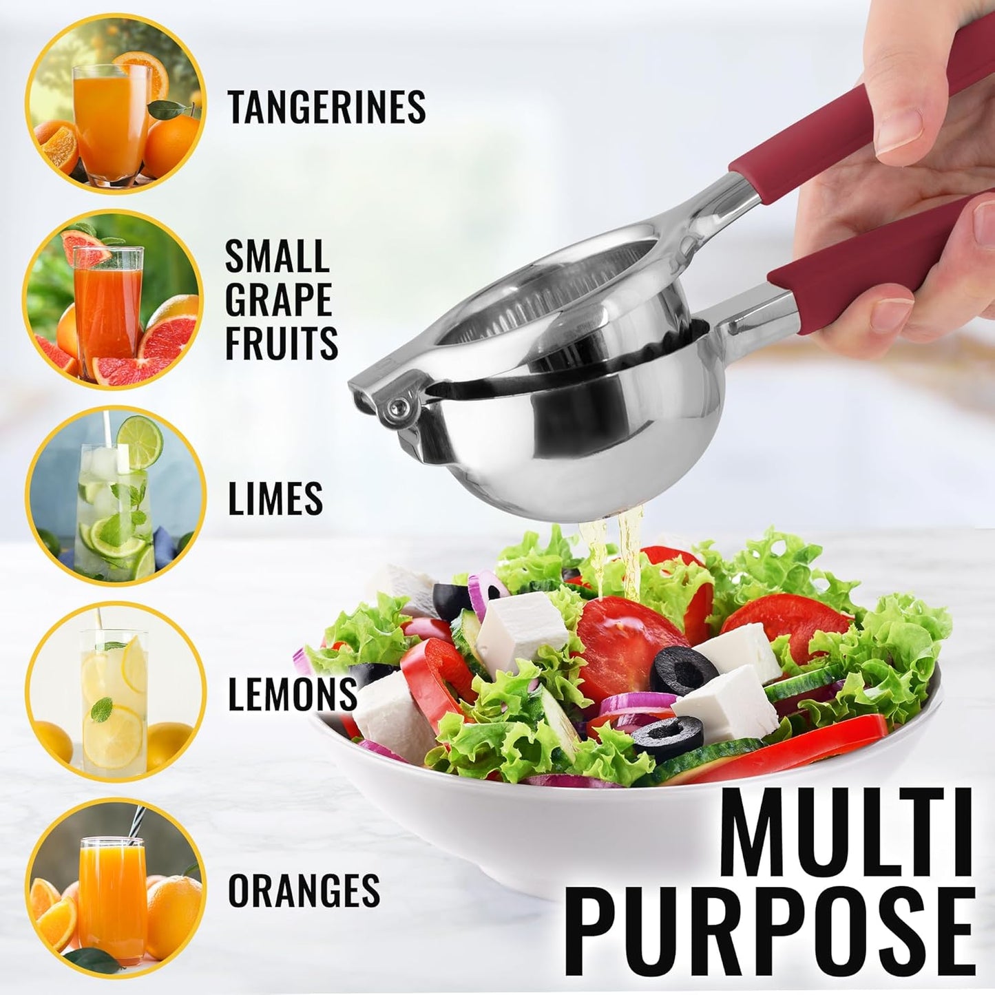 Zulay Kitchen Lemon Squeezer Stainless Steel with Premium Heavy Duty Solid Metal Squeezer Bowl and Food Grade Silicone Handles - Large Manual Citrus Press Juicer and SS Lime Squeezer (Cranberry)