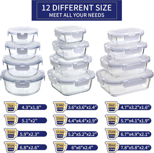 MFY 12-Pack Glass Storage Containers with Lids, Glass Meal Prep Containers Set, Airtight Lunch Containers with Lids, Microwave, Oven, Freezer and Dishwasher Safe, White