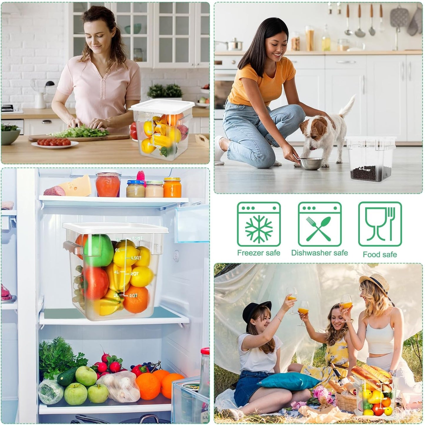 Lallisa 8 Pack 8 Qt Clear Food Storage Container with Handles and Lid Commercial Grade Square Food Storage Containers Polycarbonate Air Tight box for Home Kitchen Restaurant (White)