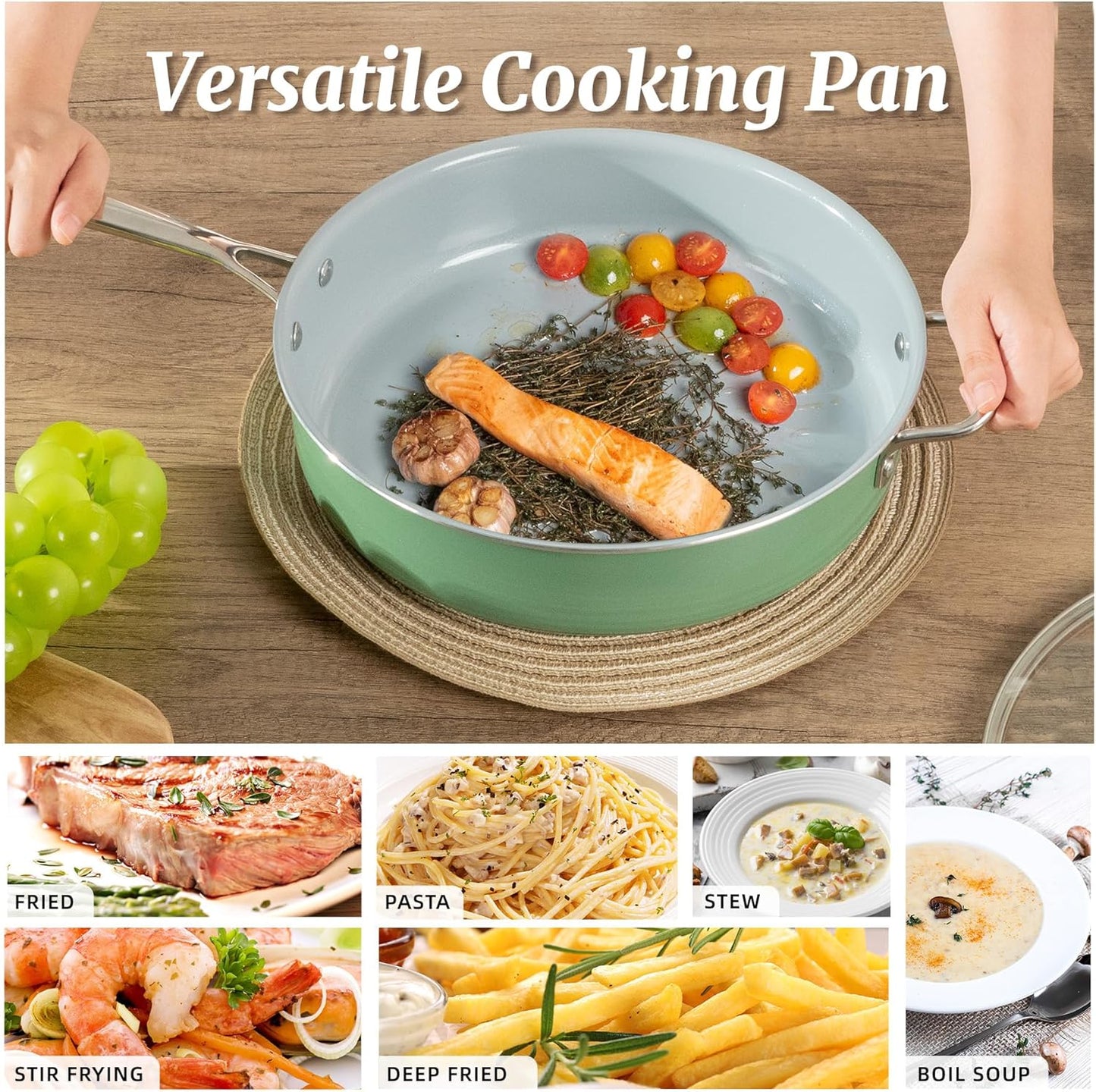 Nonstick Sauté Pan with Lid 5 QT Deep Frying Pan with Stainless Steel Helper Handle 12 inch Large Skillet Ceramic Jumbo Cooker for Healthy Cooking, Induction Compatible Cookware, PFOA Free