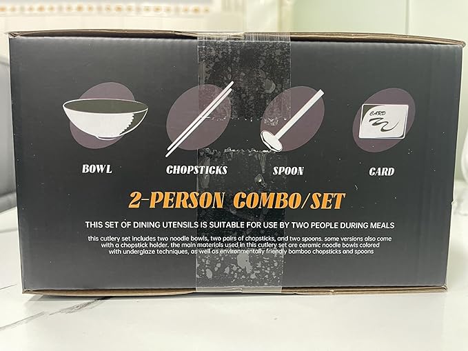 8-Inch Ceramic Ramen Bowl Set of 2 (9 Piece) - Porcelain Japanese Salad Noodles Cereal Fruit Pasta Soup Large Bowls with Recipes Chopsticks Forks Spoons for Men Women Gift Microwave & Dishwasher Safe