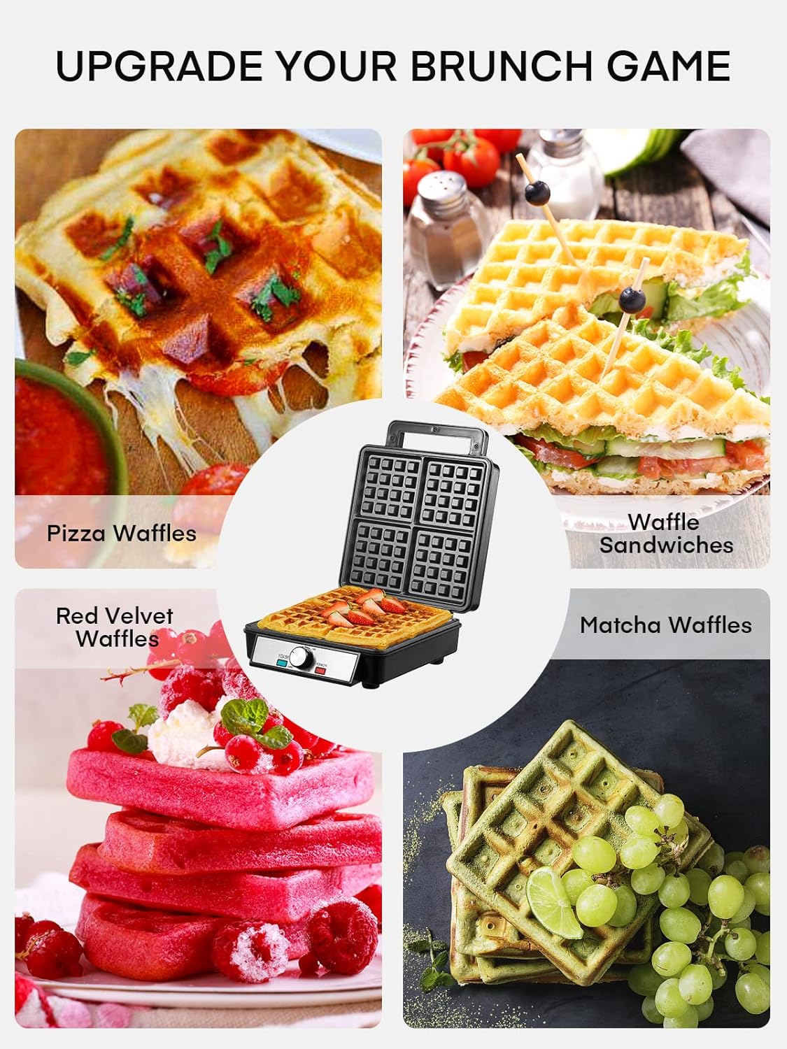 1200W Belgian Waffle Maker 4-Slice, Stainless Steel, 5 Browning Levels, Non-Stick Surfaces, Silver/Black, FOHERE - Perfect for Family Breakfasts (Black)