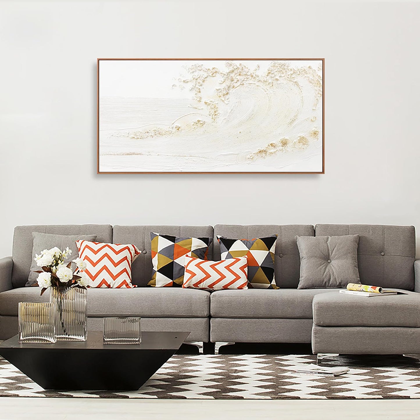 Wall Art Small Size Framed Home Artwork Decor Hand Painted White wave with golden embellishments Modern Canvas Painting For Living Room Decor For Bedroom Office Wall Decor 20"X 40"