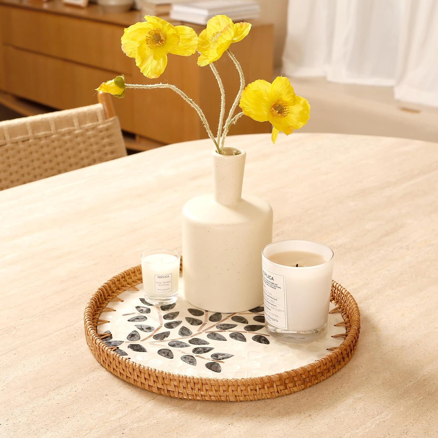 Round Rattan Tray with Mother of Pearl Inlay & Wooden Base - Decorative Wicker Serving Tray for Coffee/Bread/Fruits, Food Storage & Display - Multipurpose Home Decor (M,Little Tree)