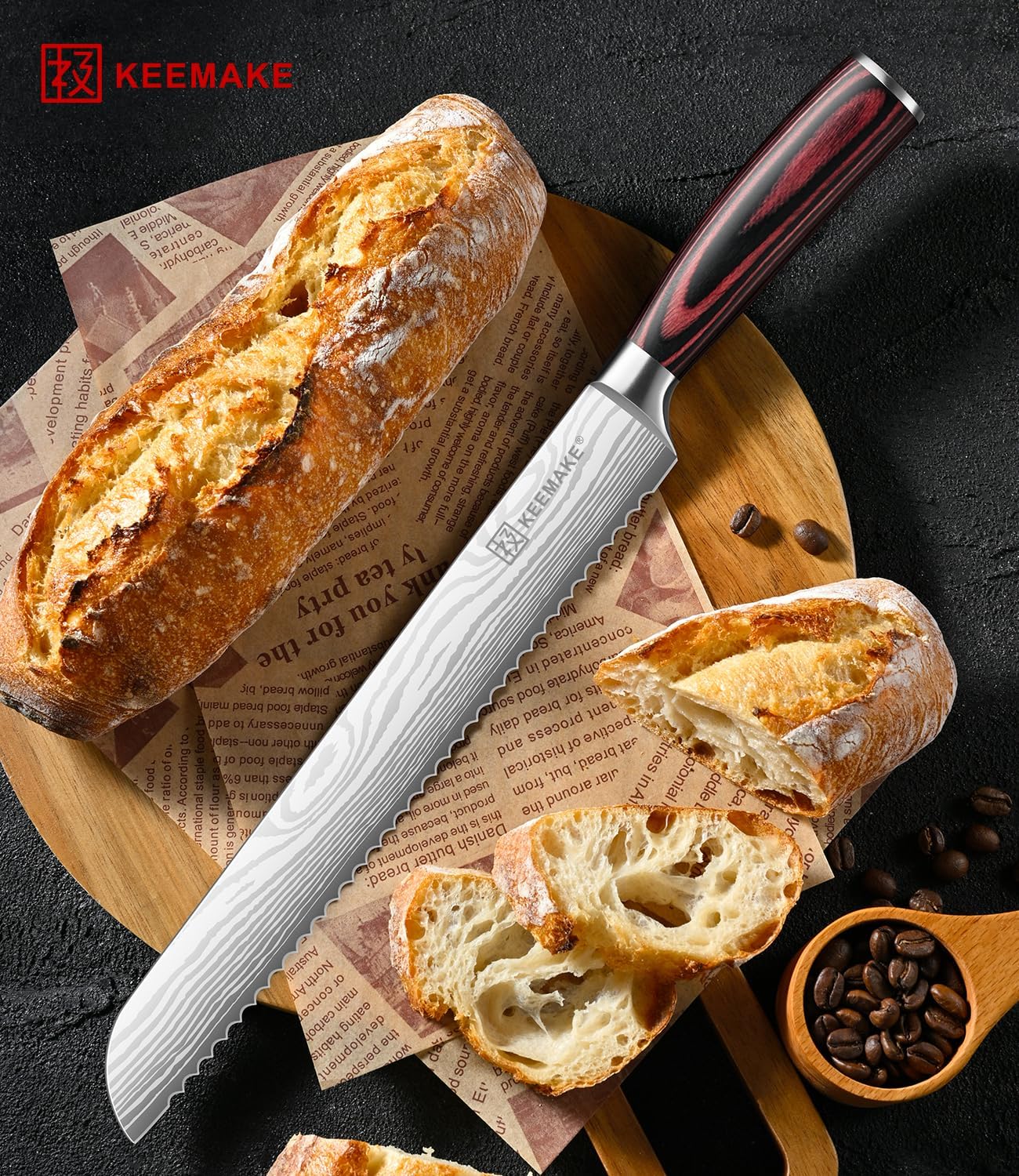 Serrated Bread Knife, KEEMAKE10 inch Ultra Sharp Serrated Bread Slicer for Homemade Bread Cake Bagels Cutting Less Crumbs - High Carbon Stainless Steel Cake Slicer with Ergonomic Wood Handle, Gift Box
