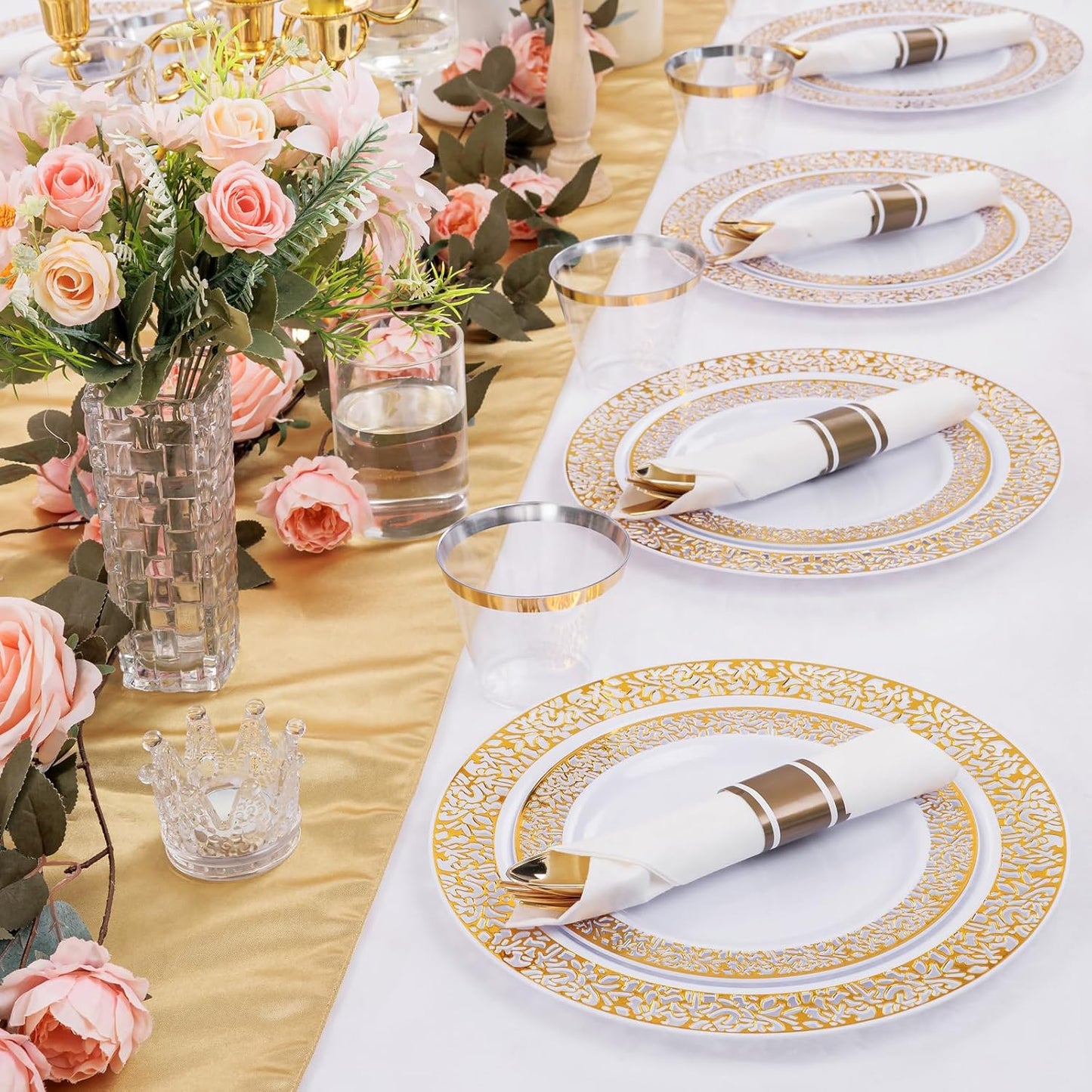 DaYammi 210 PCS Thanksgiving Gold Plastic Plates, Thanksgiving Plastic Dinnerware Sets, Includes: 30 Dinner Plates, 30 Salad Plates, 30 Pre Rolled Napkins with Gold Silverware and 30 Cups 9 OZ