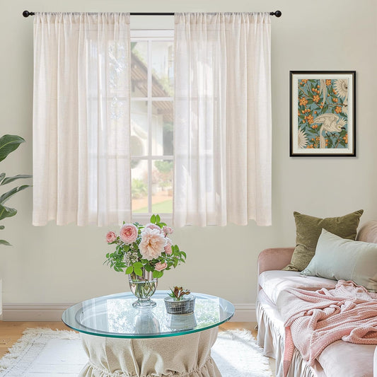 BGment Linen Oatmeal Curtains 45 Inch Length for Short Window - Rod Pocket Textured Drapes Light Filtering Sheer for Bedroom Living Room Lightweight Natural Rustic, 2 Panels Set, 42 X 45 Inch