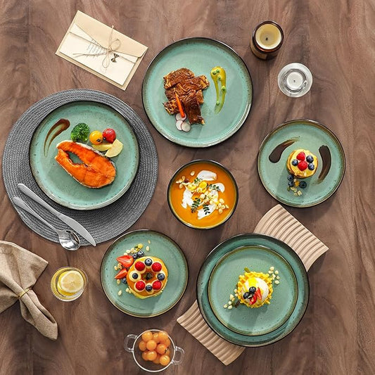 vancasso Plates and Bowls Sets, 24 Pieces Stoneware Dinnerware Sets for 8, Kitchen Dish Set Mircowave and Dishwasher Safe Ceramic Dishware, Turf Green, Series AMBER