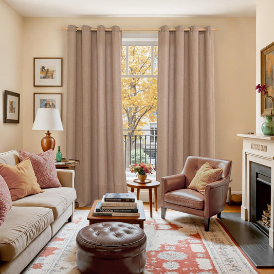 YoungsTex Linen Curtains 95 Inches Length, Mocha Textured Light Filtering Semi Sheer Drapes with Bronze Grommet for Short Living Room Bedroom, 2 Panels, 52 X 95 Inch