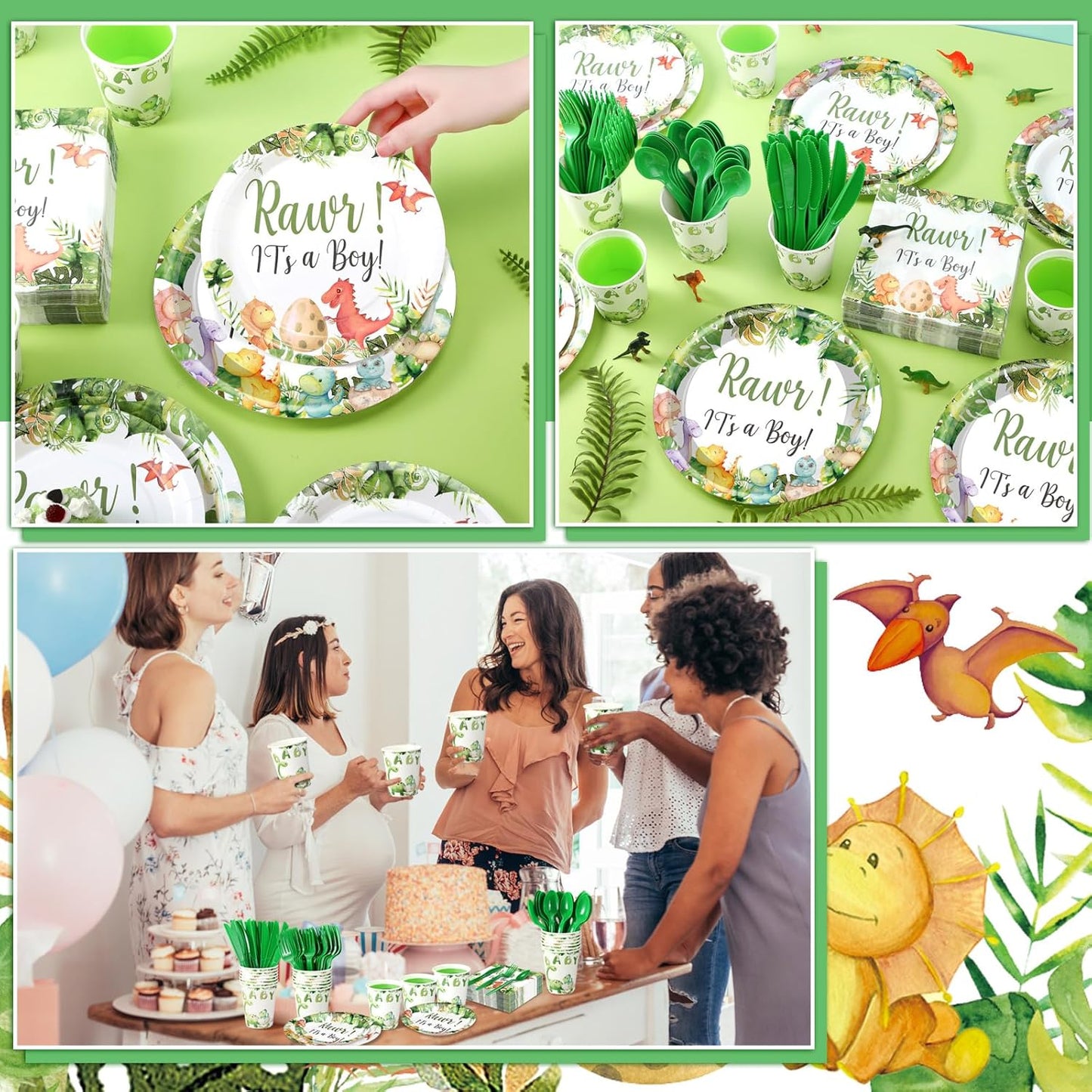 Dandat 350 Pcs Baby Shower Plates Set Baby Shower Party Supplies Serves 50 Tableware Sets Include Plates Napkin Cup Forks Knives Spoons Disposable Dinnerware(Dinosaur,Green)