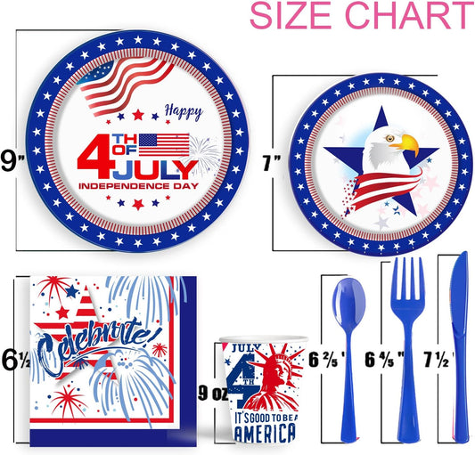 4th of July Party favor Tableware Set, 25 Set American Flag Disposable Dinnerware Set - Patriotic Party Supply - Red Blue White Plates Napkins Cups, Forks Spoons for Independence Memorial Day