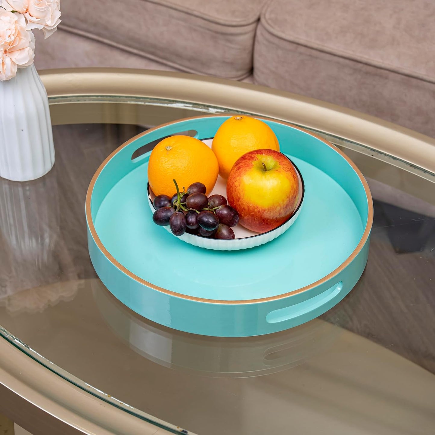 PEMAR 12.6" Round Lacquer Serving Tray with Insert Handle Decorative Basket Tray for Breakfast, Dinner, Coffee Table Decor (Aqua)