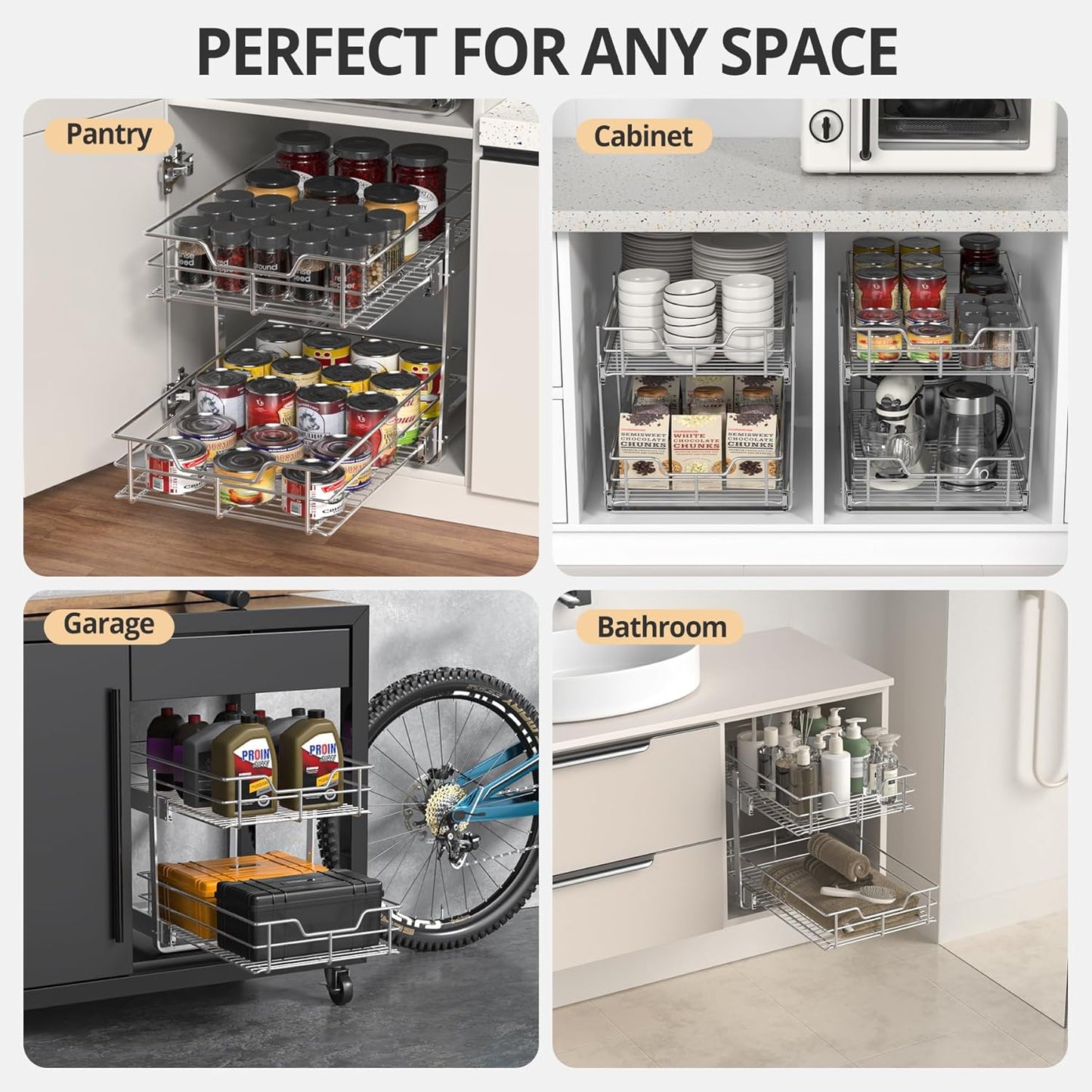 ZOINLIY Pull Out Cabinet Organizer, Versatile Slide Out Kitchen Organizers and Storage,Heavy Duty Drawer Cupboard Storage Basket, Smooth Sliding, Chrome Finish (2-Tiers-17¾''W×22“D)