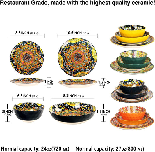 Mandala Dinnerware Sets, Plates and Bowls Set, Porcelain Dishes Service for 4, Zanzibar, Bohemian Style Dining Ware, for Kitchen and Dining Multicolor Dinnerware Set, Colorful No.1
