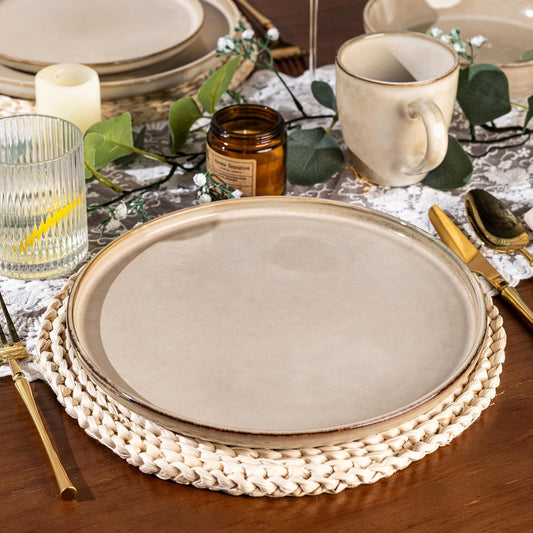 GBHOME 16 Pieces Double Bowls Ceramic Dinnerware Sets for 4, Stoneware Plates and Bowls Set with Reactive Glaze, Scratch Resistant Stoneware Dishes Set, Dishwasher & Microwave Safe