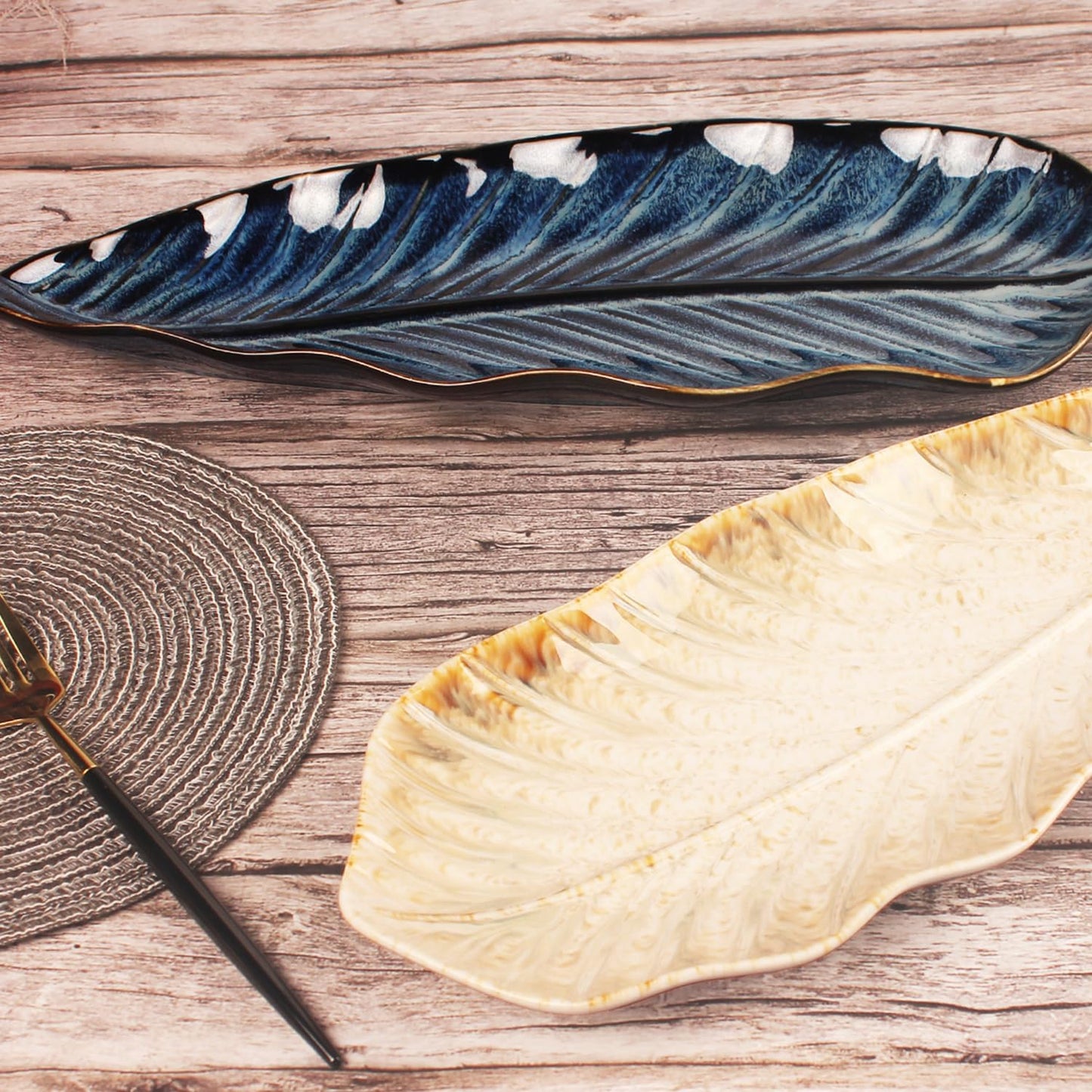 Serving Platter Olives Plate Set of 2, Large Serving Tray for Entertaining, Porcelain Trays and Platters, Salad Appetizer Tray,Dishwasher & Microwave Safe,Gradient beige 14.5 Inch